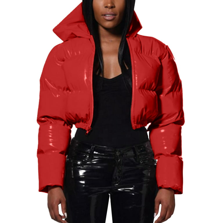 TBETNE Women's Cropped Puffer Jacket Removable Hood Zip Up Short