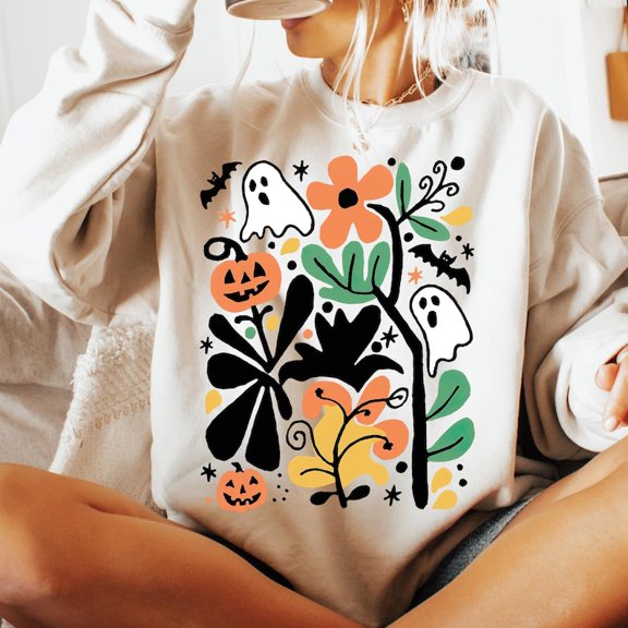 Boho Halloween Ghost Shirt, Girly Fall Tee with Floral Pumpkin and Witchy Bats, Retro Spooky Season Sweatshirt, Cute Halloween Graphic Tee