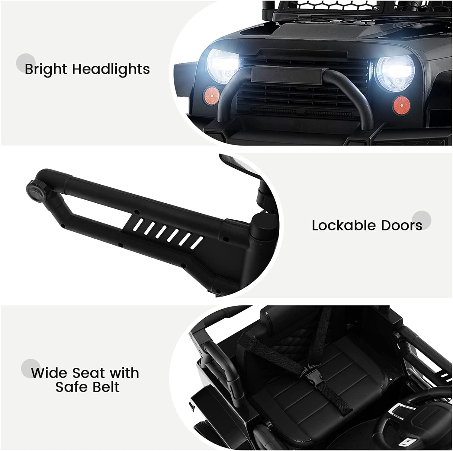 OLAKIDS Kids Ride On Truck, 12V Electric Vehicle Jeep Car with Remote Control, Toddlers Battery Powered Toy with 2 Speeds, Spring Suspension, Double Open Doors, LED Lights, Music, USB, Mp3 (Black)