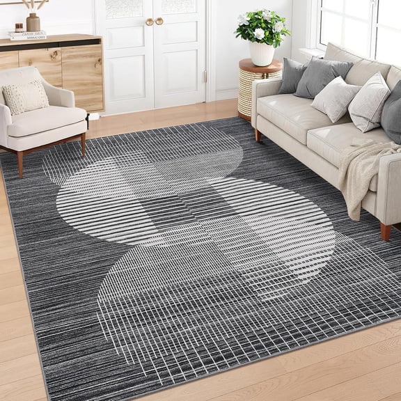 10x13 Minimalist Striped Semicircle Area Rug, Washable Stain Resistant Non Slip Low Pile Carpet for Bedroom Apartment Living Room,black