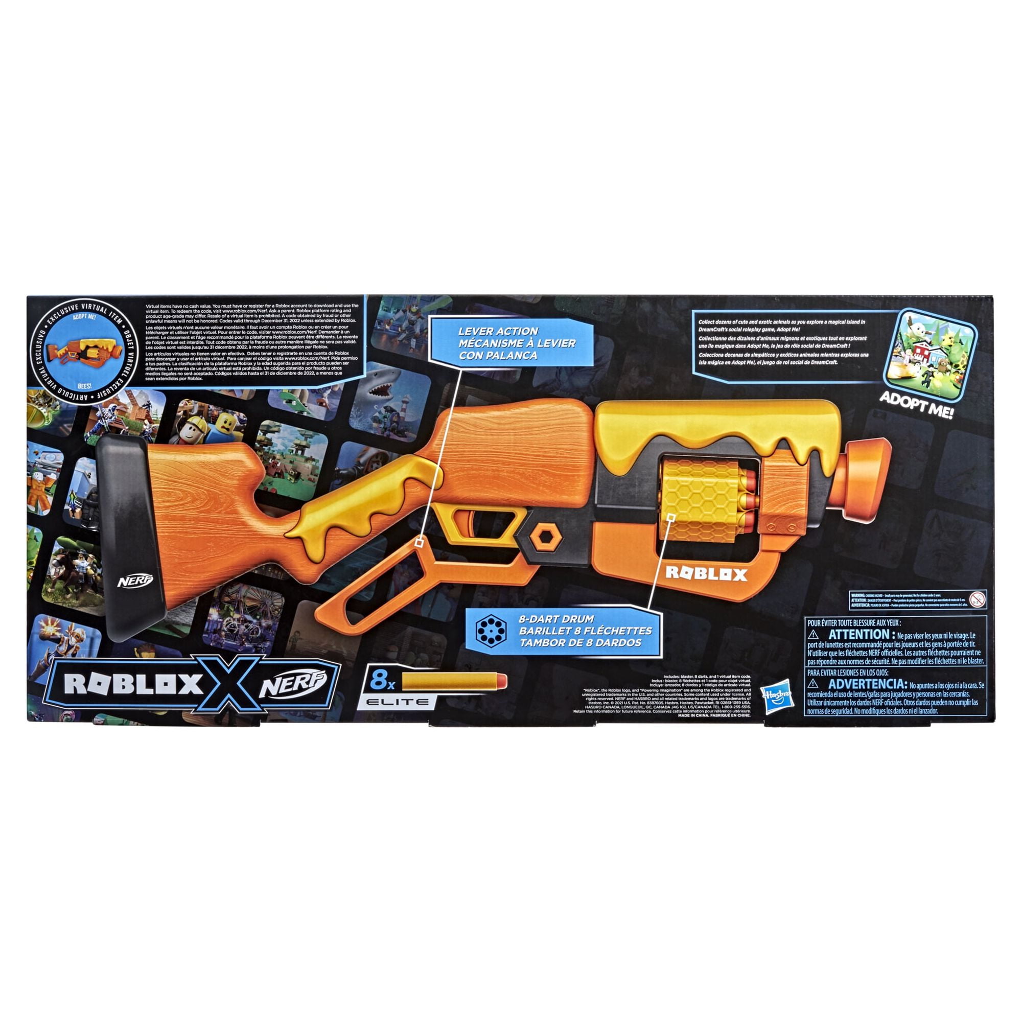 NERF Roblox Adopt Me!: Bees! Lever Action Dart Blaster, Rotating 8-Dart  Drum, 8 Elite Darts, Code to Unlock in-Game Virtual Item