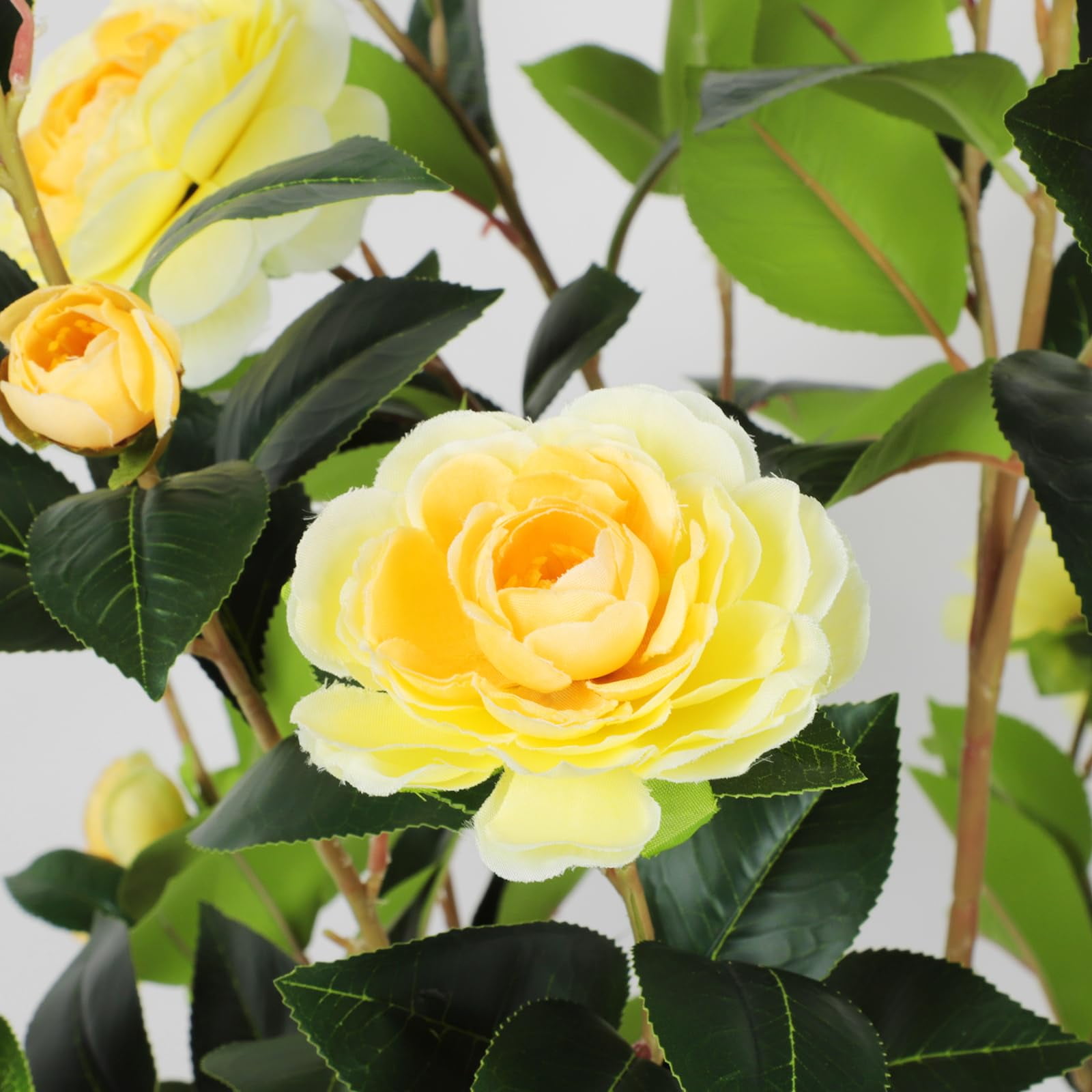 2 Pack 4FT Artificial Camellia Flowers Tree, Yellow Fake Camellia Plant Potted with Faux Greenery Leaves, Realistic Blooming Faux Floral Tree for Indoor Outdoor Home Decor, Yard Patio Office Porch