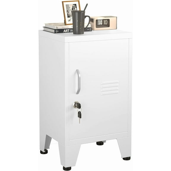 Metal End Table, Narrow Nightstand, Small Side Tables and Office Cabinet, Small Snack Storage Cabinet with Doors and 1 Adjustable Shelves, for Bedroom, Living Room, Office, White   Silver