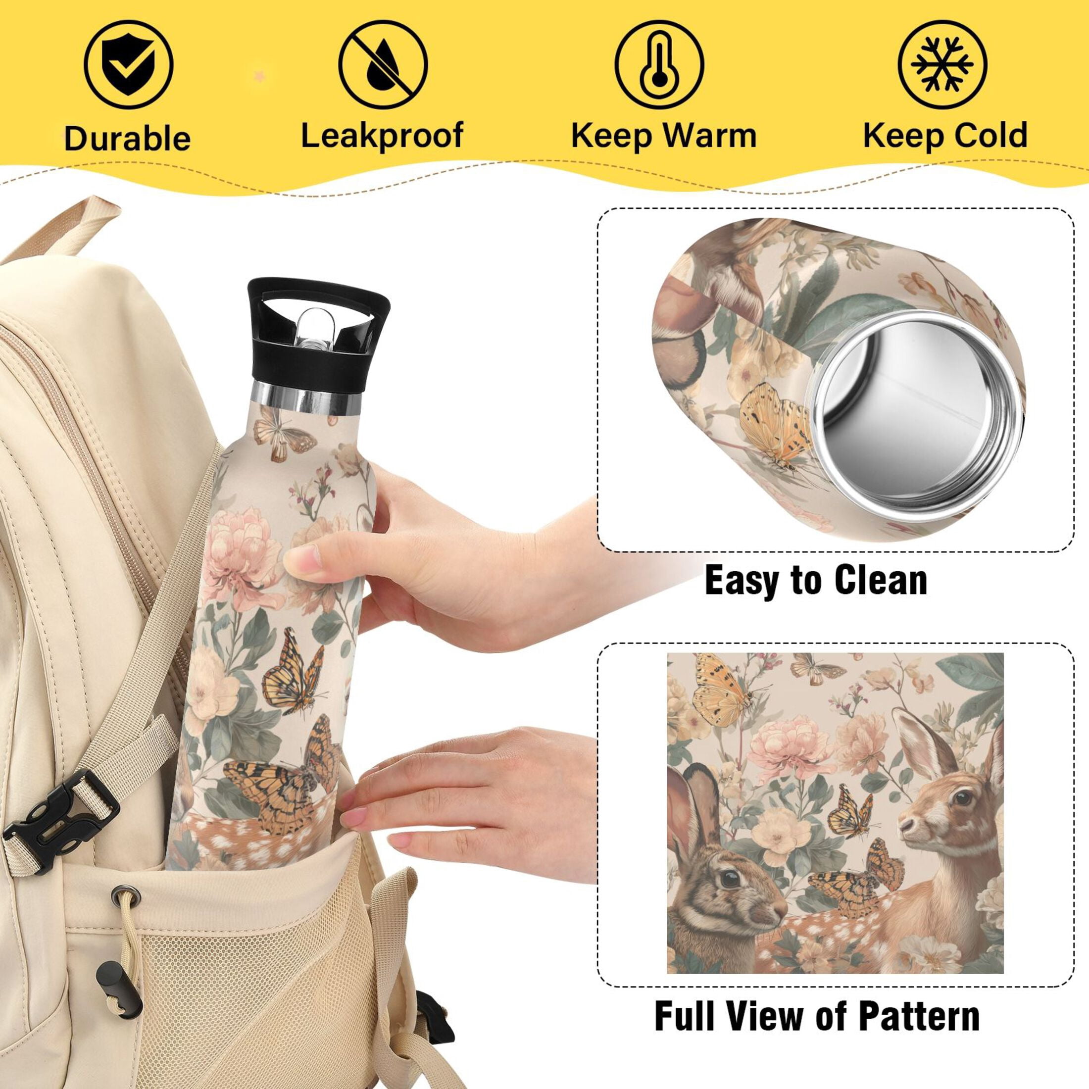 Kids Insulated Stainless Steel Sports Water Bottle 600ml (20oz) Deer and Butterflies Pattern
