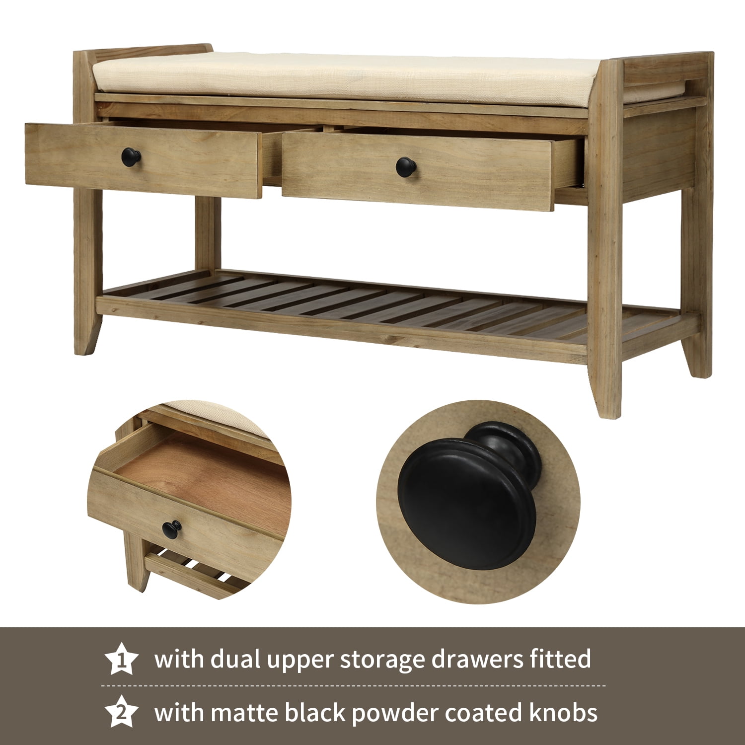 Harper & Bright Designs Shoe Rack with Cushioned Seat and Drawers, Multipurpose Entryway Storage Bench, Gray Wash