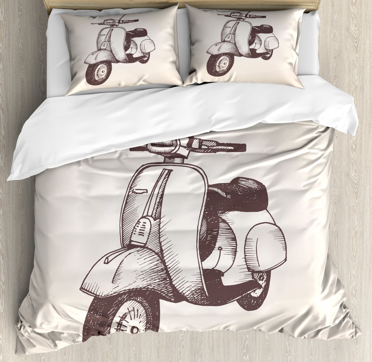 Motorcycle Duvet Cover Set Queen Size, Hand Drawn Scooter with Ombre