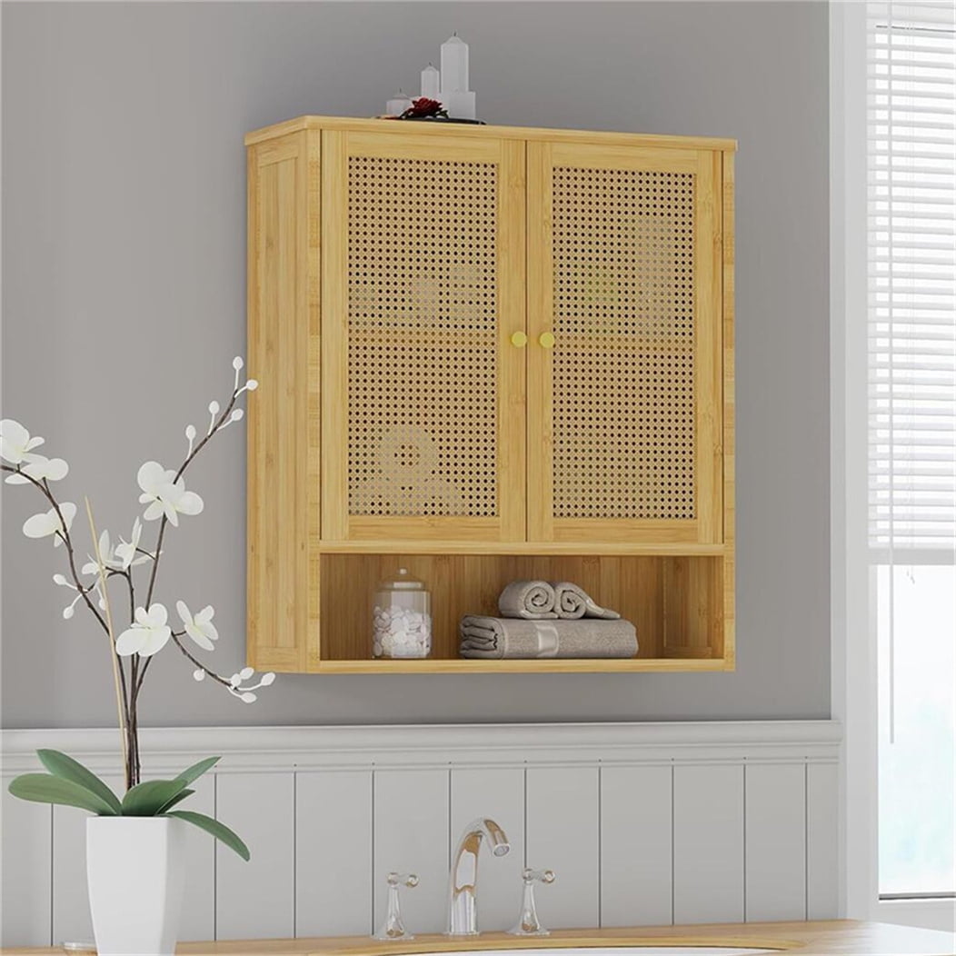 LUVODI Bamboo Bathroom Medicine Cabinet Wall Mounted Rattan Storage Cabinet for Small Spaces Laundry