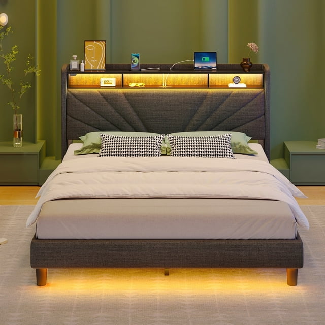 Greenstell Upholstered Queen Bed Frame with Storage Headboard, Charging station, LED, Easy Assembly, Dark Grey
