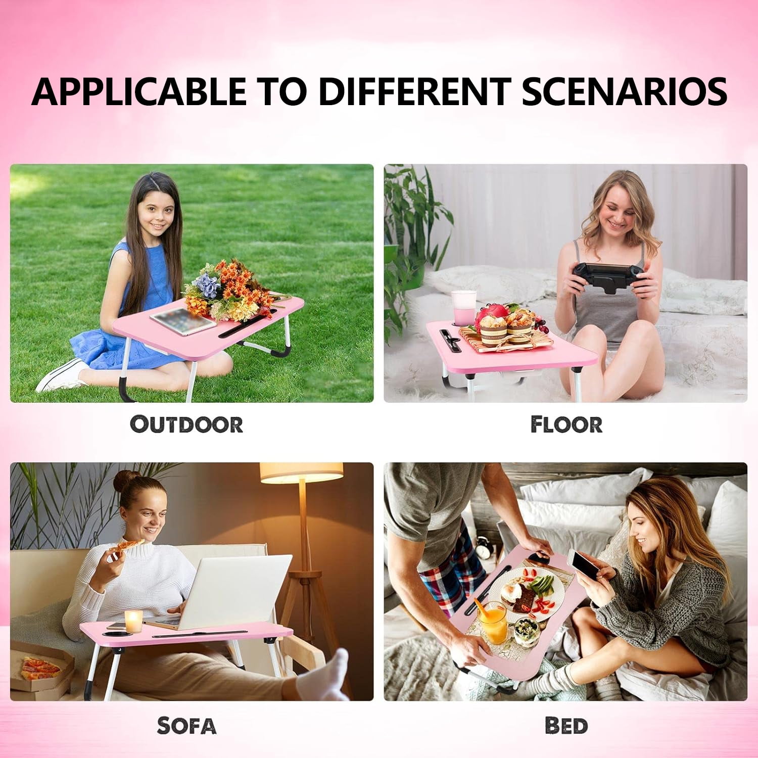 PHANCIR Foldable Lap Desk, 23.6 Inch Portable Wood Laptop Desk Table Workspace Organizer Bed Tray with iPad Slots, Cup Holder and Drawer, Anti-Slip for Working Reading Writing, Eating, Watching-Pink