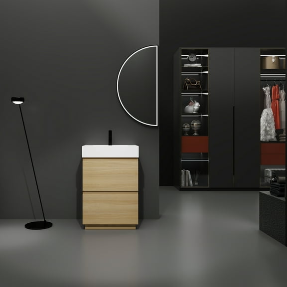 24" Bathroom Vanities with Single Sink Combo, Modern Undermount Bathroom Sink Cabinet with Double drawer, Freestanding Bathroom Sink Cabinet, Oak