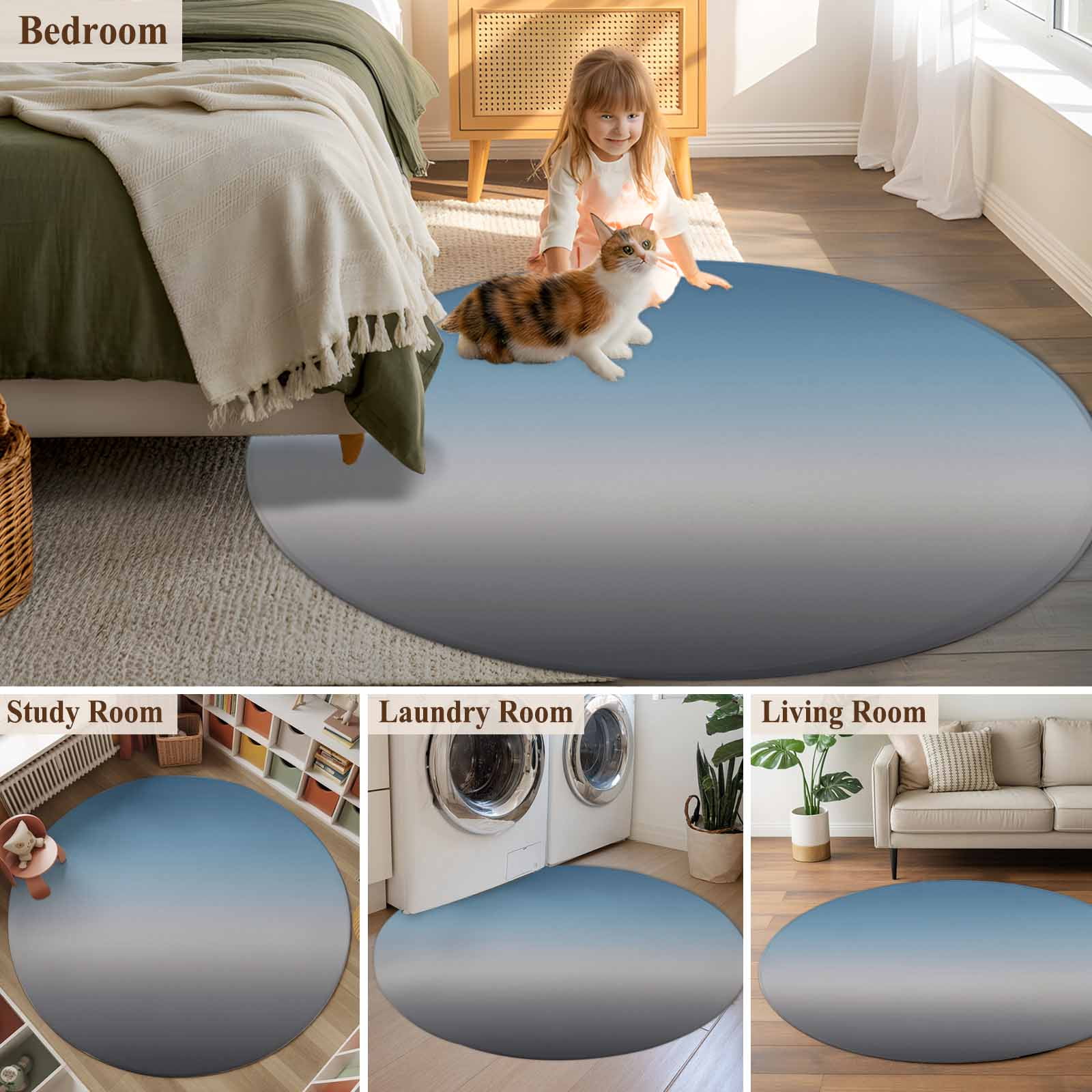 Grey Ombre Round Area Rug 6 FT, Non Slip Bedroom Area Rug, Navy Blue Gray Gradient Modern Abstract Art Washable Soft Circular Carpet Floor Mat for Kitchen Dining Room Home Office Kids Room