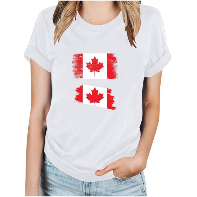 FAIWAD T-Shirt d'Été pour Femmes de la Fête du Canada, Léger, à Manches Courtes, Col Rond, T-Shirts Hauts, Imprimé Graphique, Blouses de Détente Basiques