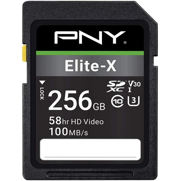 PNY 256GB Elite-X Class 10 U3 V30 SDXC Flash Memory Card - 100MB/s, Class 10, U3, V30, 4K UHD, Full HD, UHS-I, Full