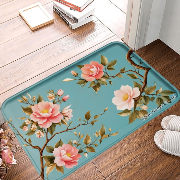 FJPT Non Slip Flannel Polyester Floor Mat Floral Design Teal Background Pink Roses And Green Leaves For Bathroom Kitchen Bedroom Decor 31.5x19.7 inch