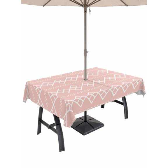 Outdoor Tablecloth with Umbrella Hole and Zipper, Pink Boho Rectangle Table Cloth 54x80 Inch Waterproof Tablecloth, Vintage Ethnic Tribe Abstract Art Picnic Table Cover for Patio Camping