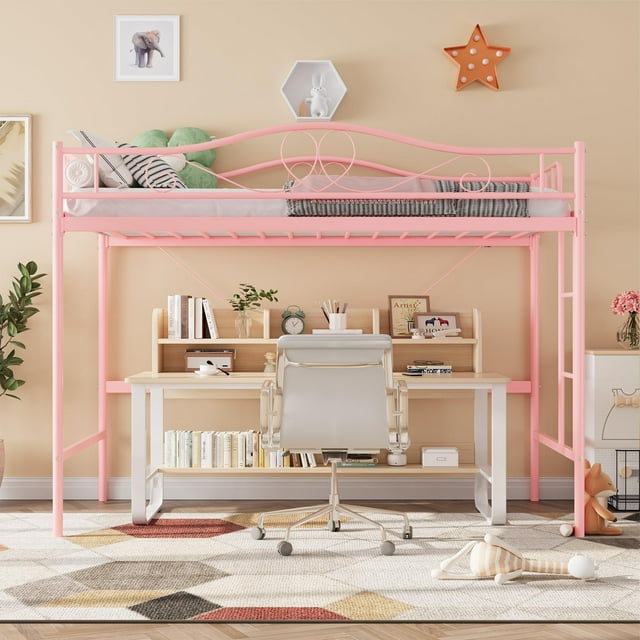 Loft Bed with Stairs Metal Single Loft Bunk Bed with Safety Guard Rails & Side Ladder, Space-Saving, Noise Free, No Box Spring Needed, Easy Assembly