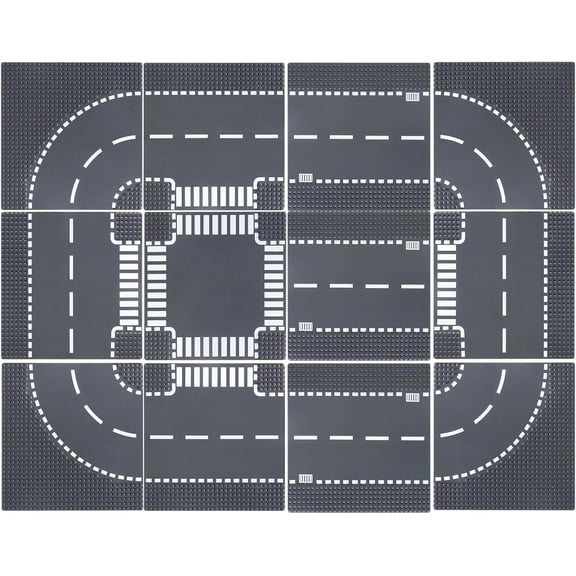12 Piece Road Base Plates, City Street Road Building Baseplate Toys Compatible with All Major Brands, For Ages 3 and Up, 4 Curves, 4 T-Junctions, 3 Straights, 1 Crossroad, 10" x 10" (Grey)