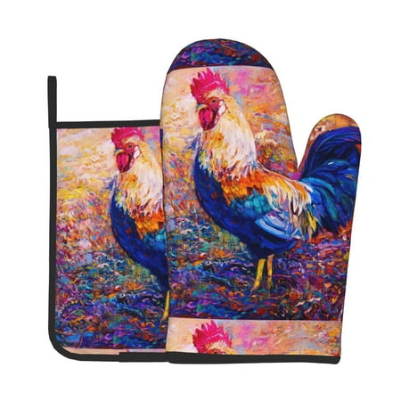 

Tebeau Rooster Oil Painting Print Oven Mitts and Pan Racks 2-Piece Set Kitchen Oven Mitts and Pan Racks Heat Resistant 500 °F for Baking and Cooking
