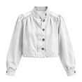 thumbnail image 6 of Womens Cropped Denim Jacket Button Down Y2K Ruffle Jean Shacket Mock Neck Casual Tops Long Sleeve Retro Washed Denim Coat White XXL, 6 of 6