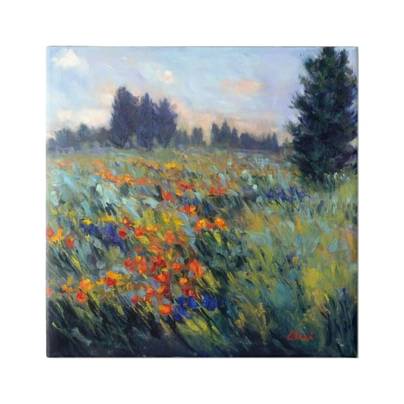 Stupell Industries Flower Meadow Landscape Landscape Painting Gallery Wrapped Canvas Art Print Wall Art, 17 x 17