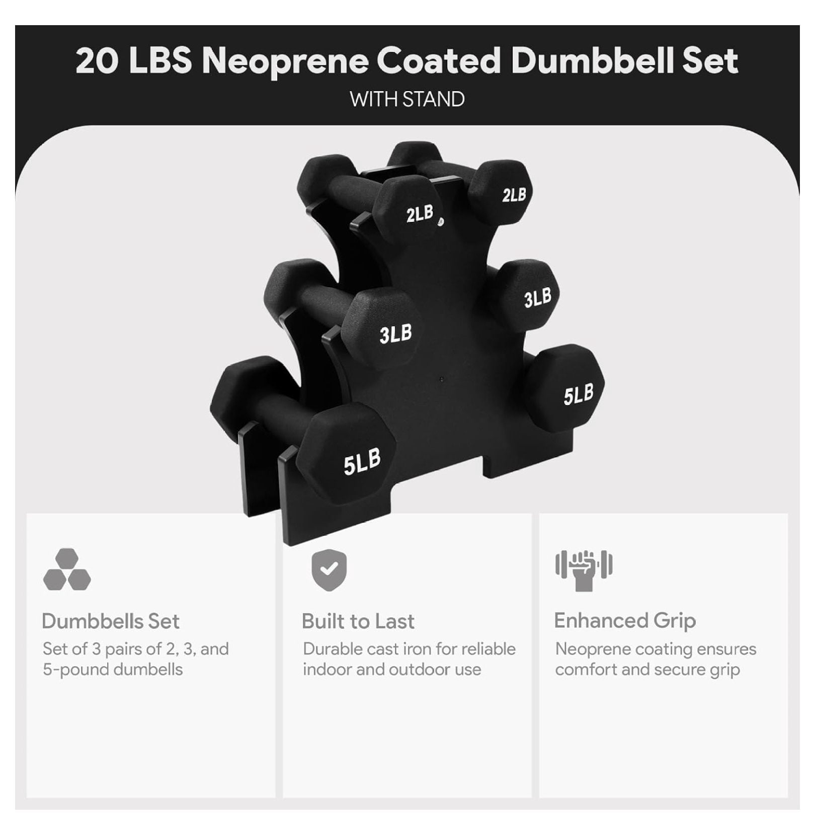 Neoprene Dumbbells Set with Stand - 2lb, 3lb, 5lb Hex Weights - Strength Training, Home Gym, Color Coded Non-Slip Grip