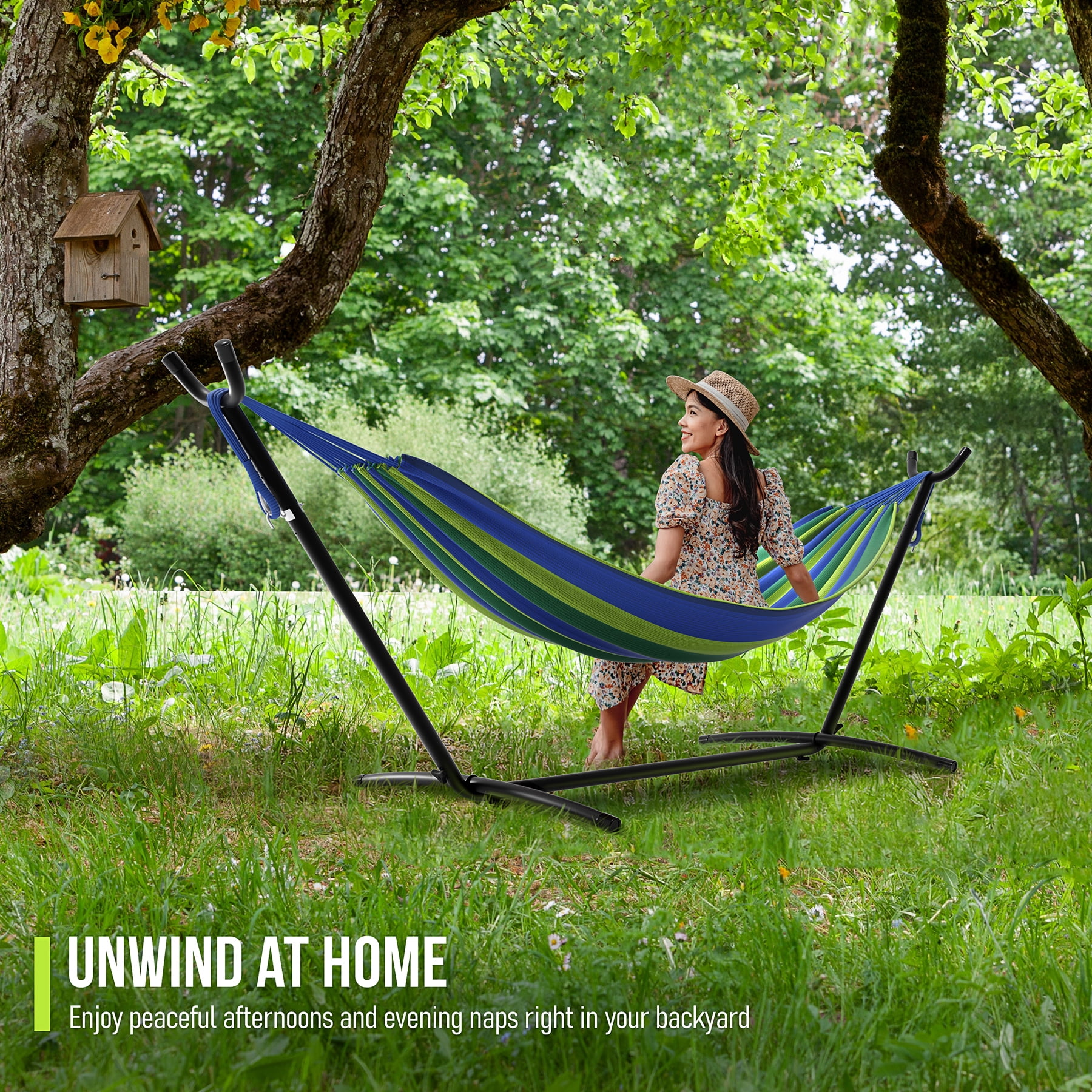 Sorbus 2-Person Hammock with Steel Stand, 60" Cotton Blend, 450lb, Portable Carry Case, Blue/Red