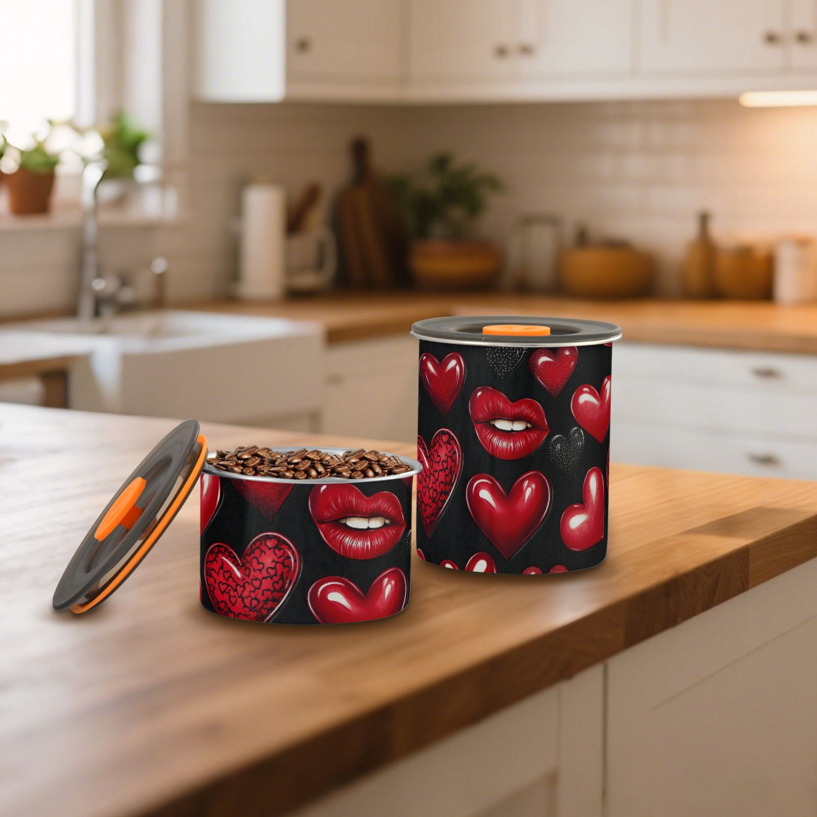 Red Lips Hearts Airtight Coffee Bean Canister 30oz Food Storage Containers with Lids For Gournd, Tea, Sugar, Flour, Rice, Cereal, Candy Cookie Jar