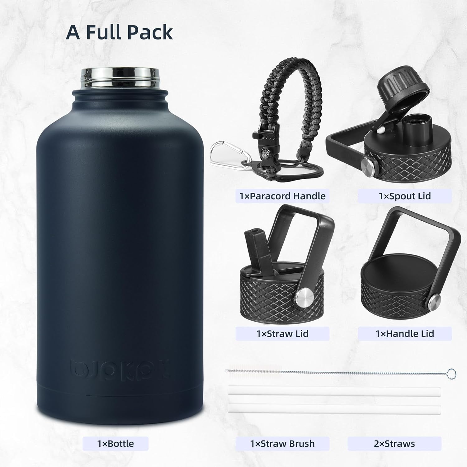 BJPKPK Half Gallon Insulated Water Bottles with Straw Lid,64oz Large Water Bottle,Stainless Steel Water Bottles with 3 Lids and Paracord Handle, Water Bottle for Hot & Cold Liquid, Navy Blue