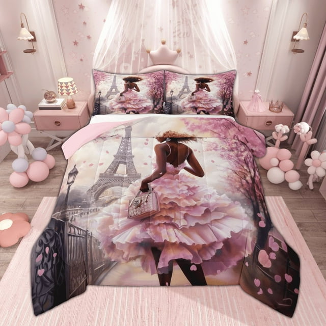 Manfei Ensemble de Douillette Mode Moderne pour Fille, Ensembles de Douillette Simple Fleurs de Cerisier Roses, Ensemble de Literie Tour Eiffel Vintage, Décor Maison Ultra Doux, 2 Pcs Réversible