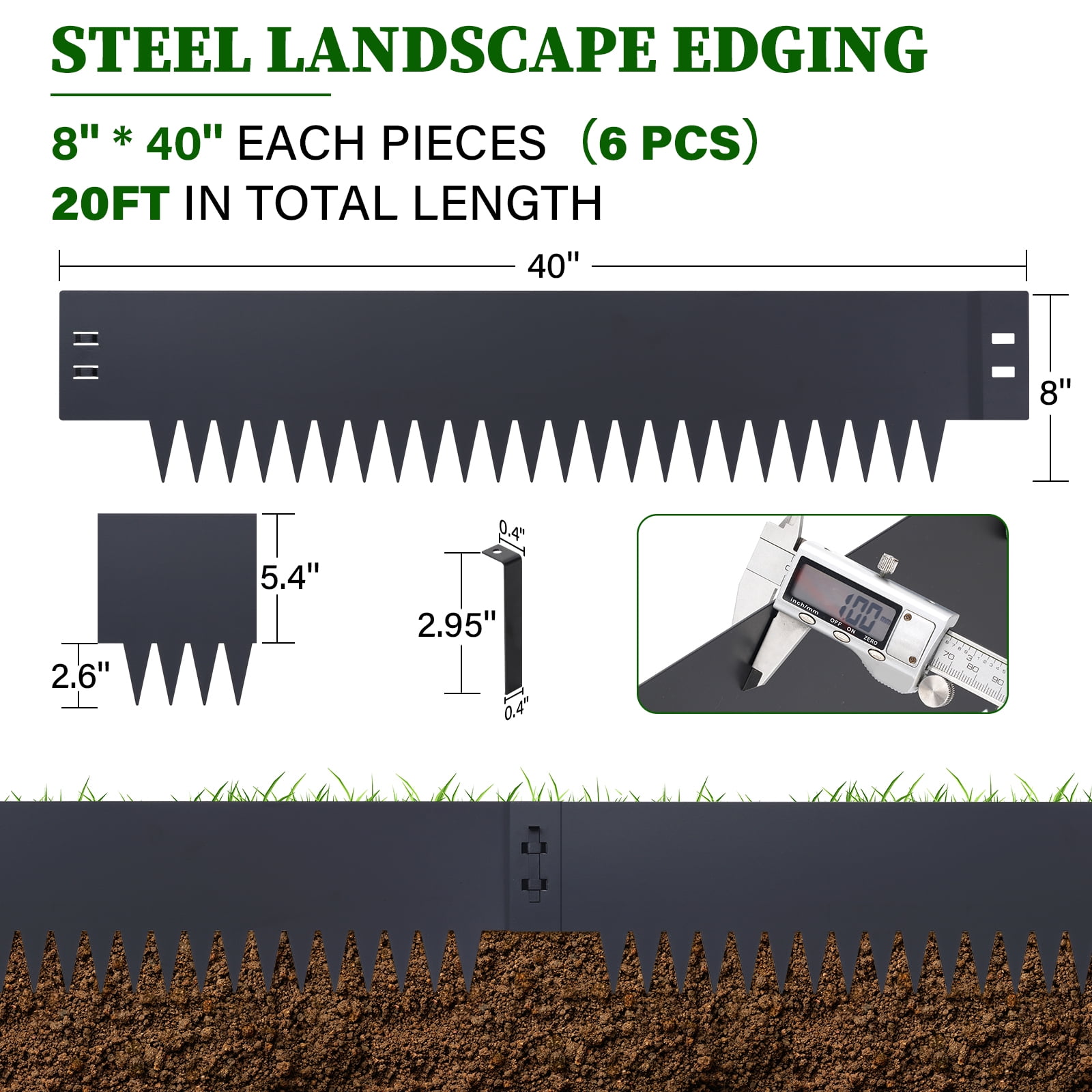 BSHAPPLUS® 8" Tall x 20 ft No Dig Galvanized Steel Landscape Edging, Metal Garden Edging Border,Bendable Lawn Edging with 6 Stakes,Flexible Lawn Strip for Flower Beds,Tree Rings,Lawn Yard and Pathway