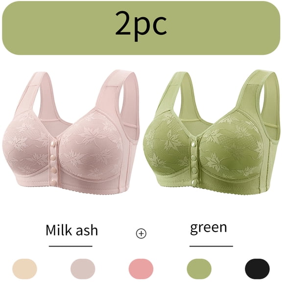 CLOISE Wireless Bras for Women Support Plus Size 2 Pack Front Closure Full Coverage No Underwire Bras for Seniors Wireless Push up Bras with Back Support Lace Everyday Bras Beige XL