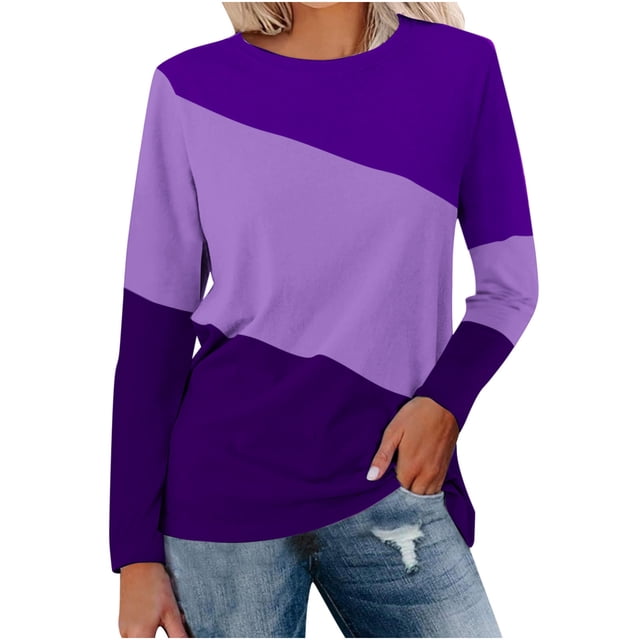 KIHOUT Spring Winter Womens Tops Solid Color Block Round-Neck Long Sleeve Loose Sweatshirts Blouse Top