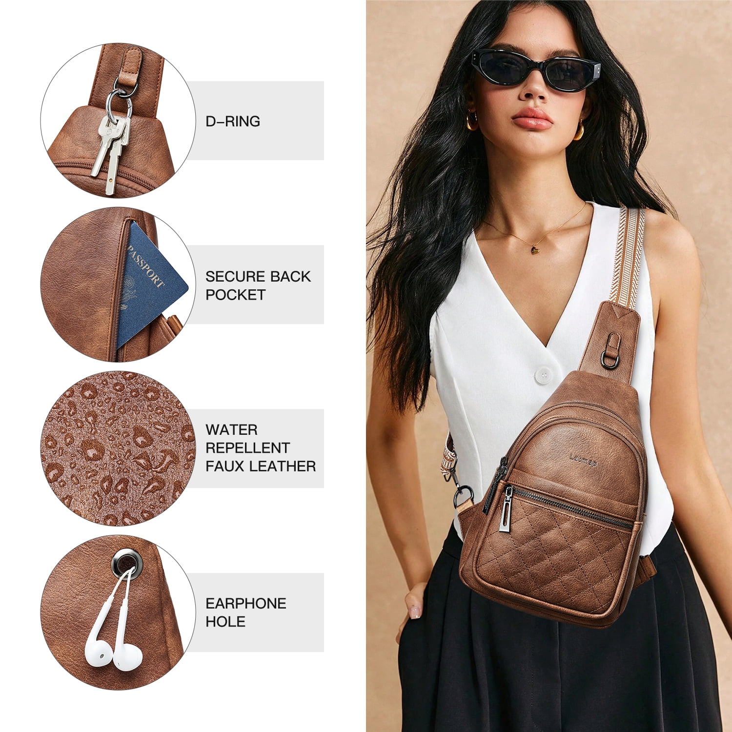 Sling Bag for Women Crossbody Fanny Pack - Lightweight Waterproof Faux Leather Purse for Travel Hiking Running Hands-Free