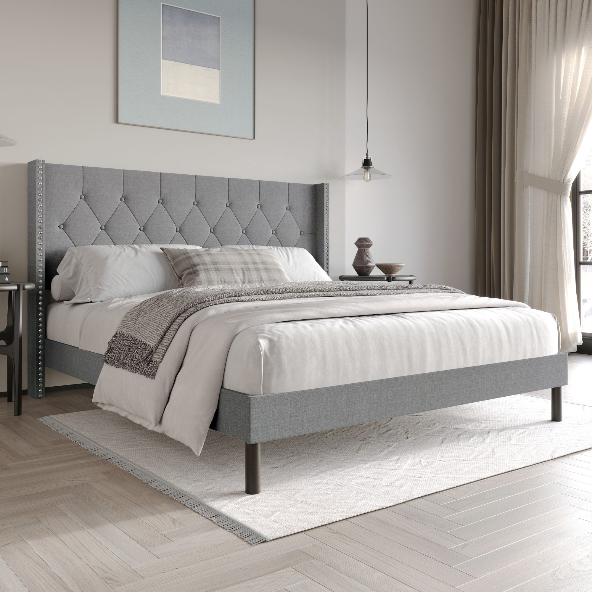 Home Design Cicero Queen Tufted Upholstered Wingback Panel Bed Frame with Button-Tufted Headboard & Nailhead Trim, Gray, Easy Assembly
