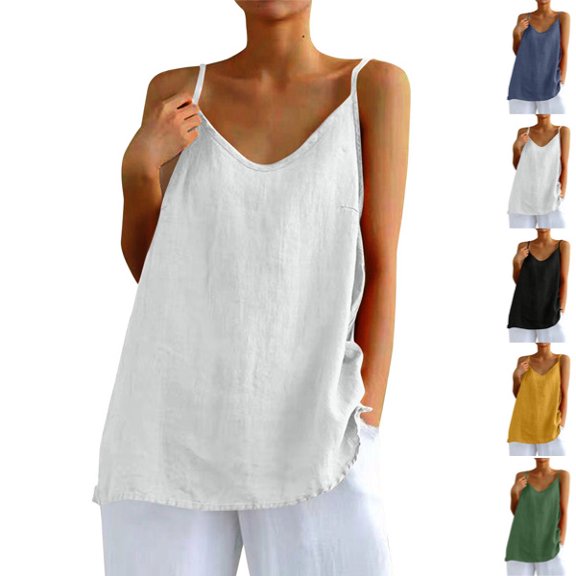 Linen Tank Tops for Women V Neck Spaghetti Strap Camisole Causal Sleeveless Gauze Blouse Summer Flowy Cami Shirt,White ,XL