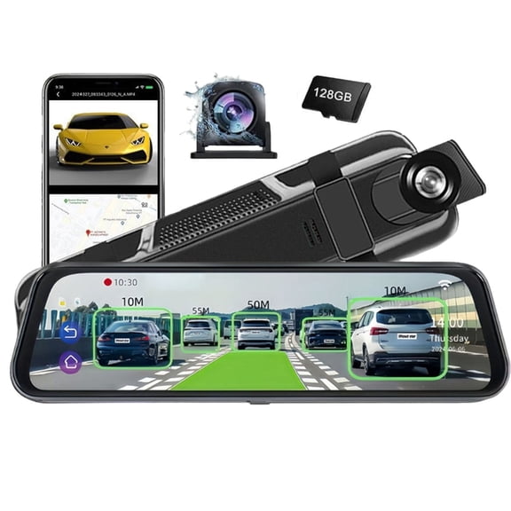 HD Multi-Function Touch Screen Car Recorder, 10'' Mirror Dash Cam Night Vision, 1080p Fhd Full Touch Screen Front/Rear View Backup Camera, for Cars, SUVs (128G)