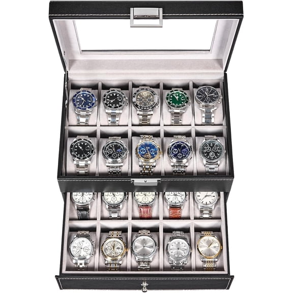 20-Slot Watch Box Organizer, 2-Layer Watch Display Case with Lock, PU Leather Watch Storage Holder for Men Women, Compact Watch Collection Box for Home, Office, Gift Giving