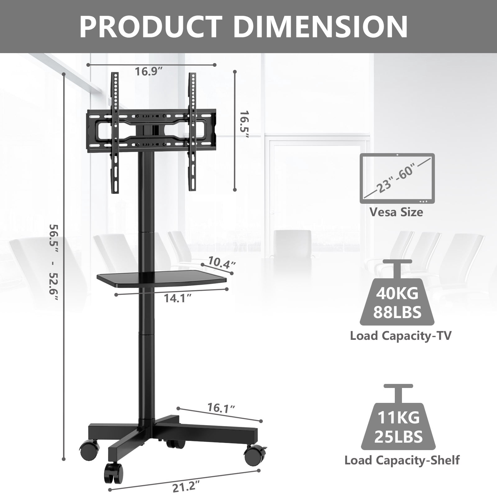 Mobile Rolling TV Cart with Locking Wheels for 23-60 Inch TVs, Adjustable Rolling Floor Stand TV Trolley up to 88 lbs