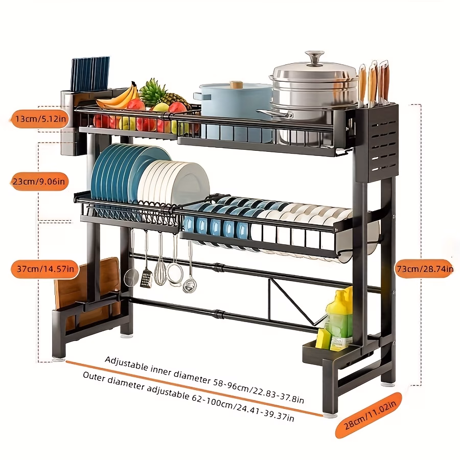 Adjustable Expandable Metal Sink Storage Rack - Space-Saving Countertop Organizer for Cutlery, Cups & Cooking Tools, Black