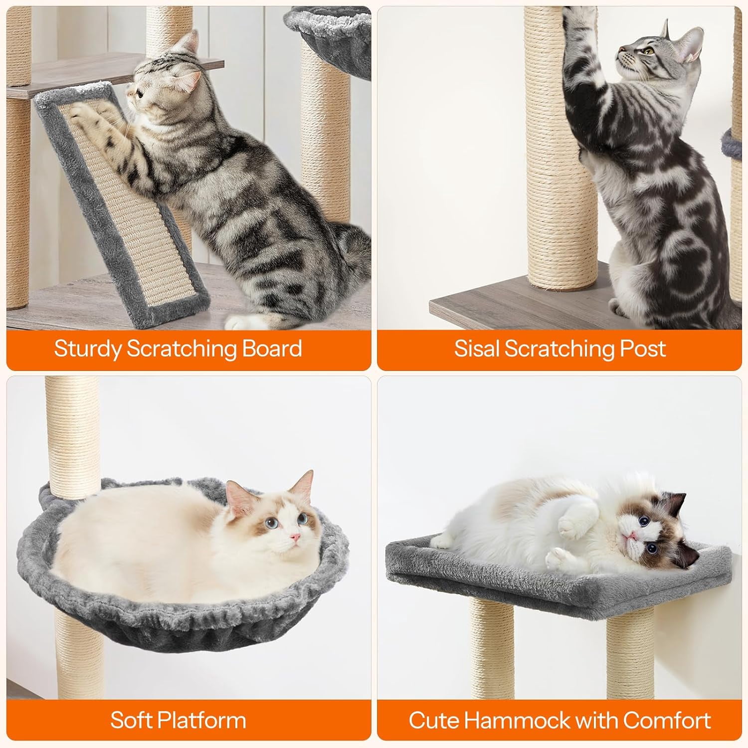 Cat Tree with Litter Box Enclosure, 44" Tall Wooden Cat Tower with Scratching Posts, Cat Hammock, Hidden Litter Box Furniture, All-in-One Indoor Cat Condo, Greige BG48MZ03