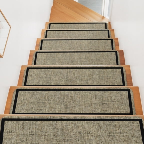 Black Border Stair Treads Non Slip for Steps Farmhouse Burlap Weave Texture Beige 10 Pcs Reusable Adhesive Stair Runner Mats for Dogs Elders Carpet Treads Rugs for Staircase 8x30 In