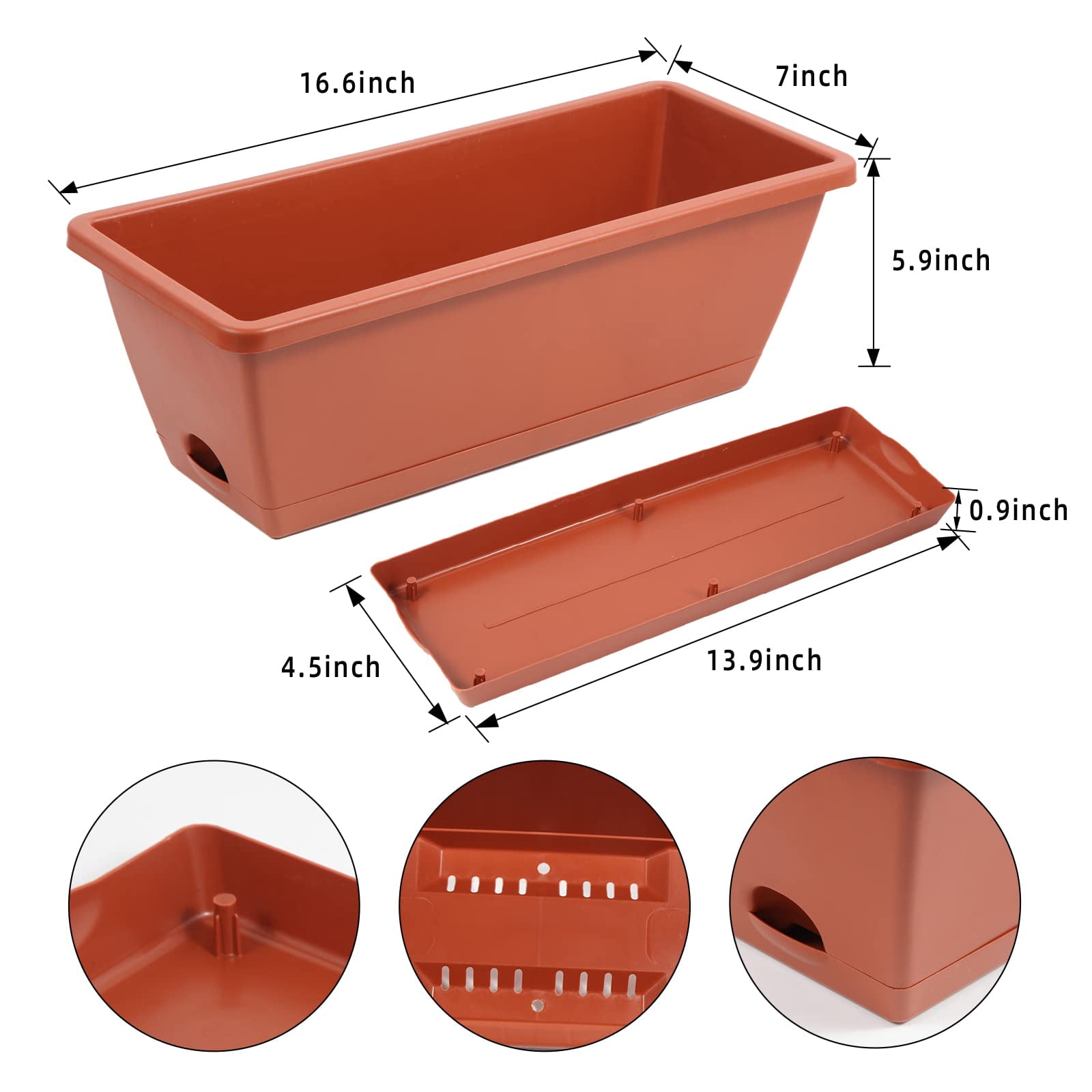 8pcs Window Box Planter, 17 Inches Flower Window Boxes, Rectangle Planters Box with Drainage Holes and Trays, Plastic Vegetable Planters for Windowsill Patio Garden Home Decor Porch Yard (Grey)