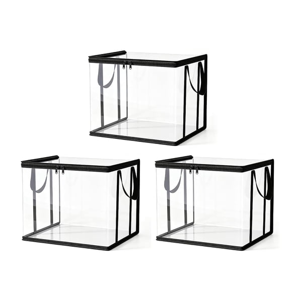 XIBUFE Large Clear Thick Plastic Storage Box with Hinged Lid 15 Inch Thick Plastic Book Storage Bin,Stackable Collapsible Organizer Container for Books,Files,Magazines,Bedroom (Black *3)