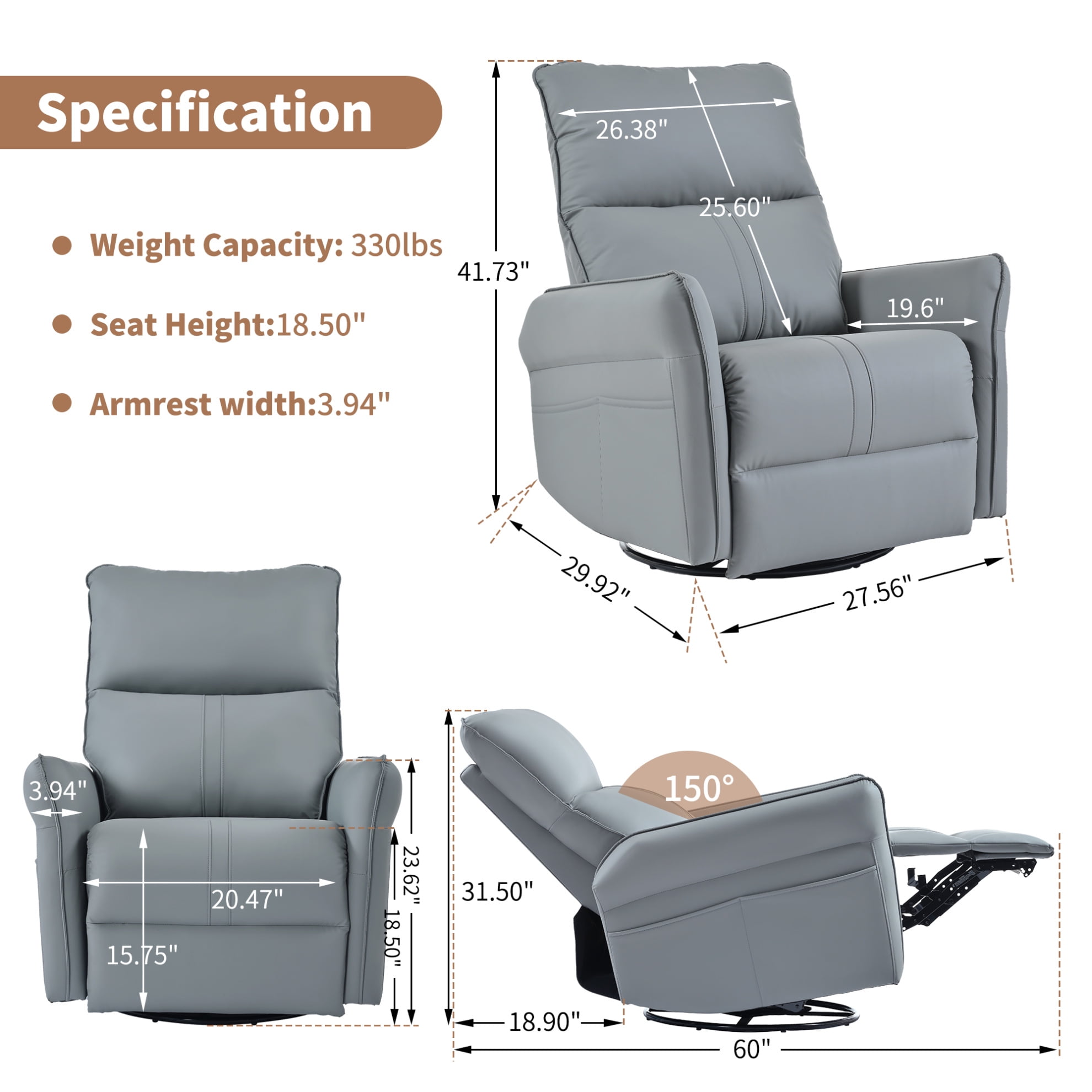 360° Swivel Rocker Recliner Chair,Swivel Nursery Rocking Chair w/Pull ,Glider Chair,Modern Rocking Swivel Recliner Chair for Bedroom,Living Room Chair Home Theater Seating, Blue Gray