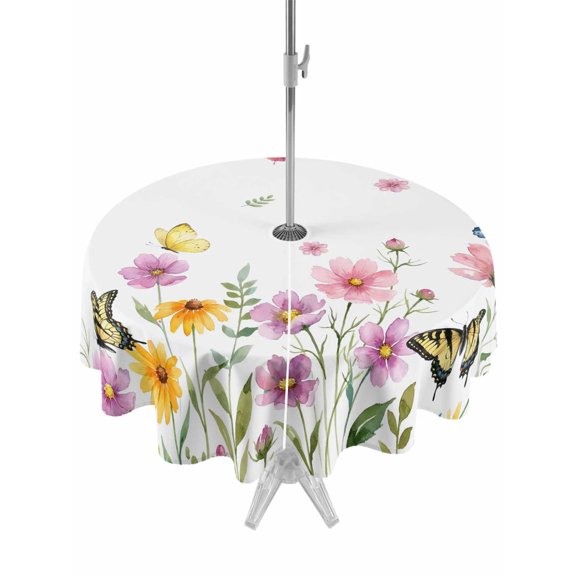 Outdoor Tablecloth with Umbrella Hole for Patio/Picnic/Party/Camping, Pink Spring Floral Waterproof Table Cloth Round Cover Washable, Butterfly Elegant Pastoral (Dia 60")