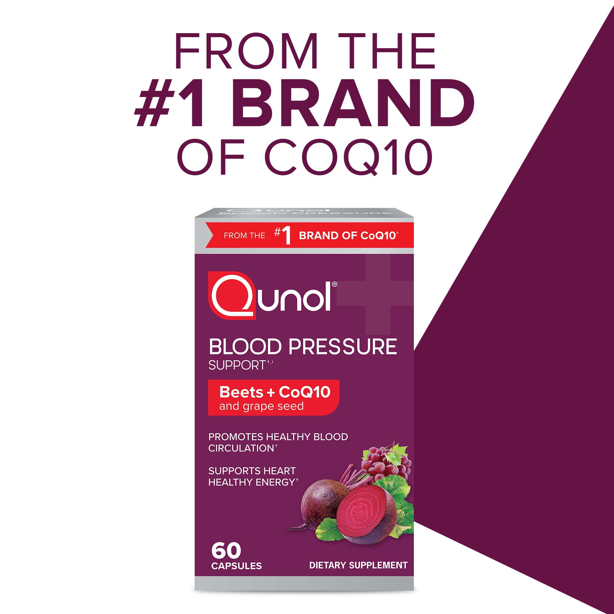Qunol Blood Pressure Support, 3 in 1 Beets + CoQ10 + Grape Seed Extract, Beet Root Capsules that Supports Healthy Blood Circulation & Heart Healthy Energy, 60 Count