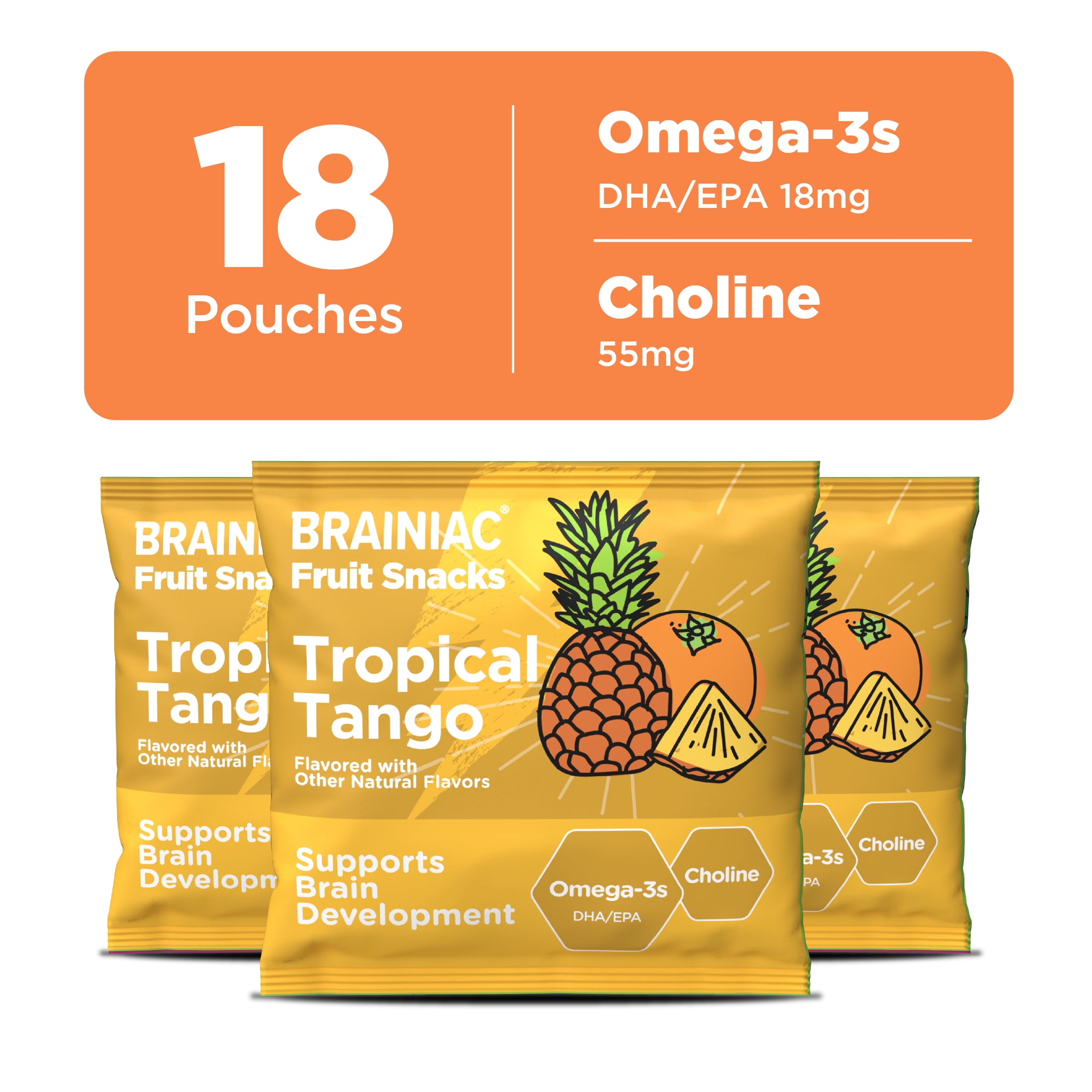 (3 pack) Brainiac Fruit Snacks with BrainPack, Tropical Flavor, 18ct