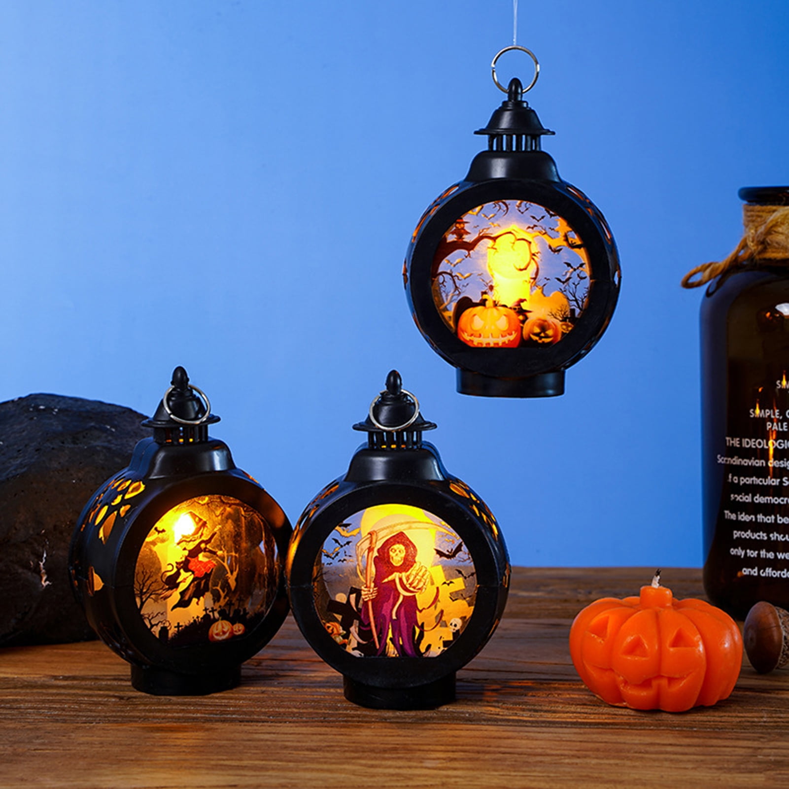 LLQ 8 Pcs Mini Lantern with Flickering LED Tea Light, Battery Included,  Vintage Brown Lanterns Decorative, Hanging Candle Lanterns for Halloween