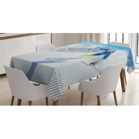 

Winter Tablecloth Skier Skiing Downhill in High Mountains Extreme Winter Sports Hobby Activity Rectangular Table Cover for Dining Room Kitchen 52 X 70 Inches Blue White Yellow by Ambesonne