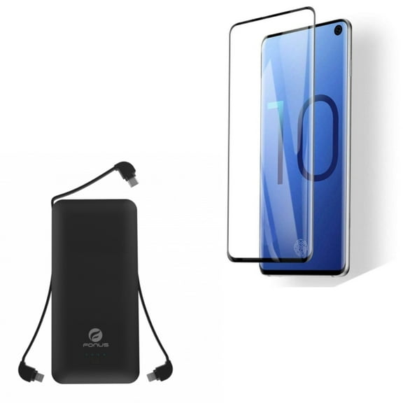 Galaxy S10  Charger 10000mAh Power Bank w Tempered Glass Screen Protector - Backup Battery Portable USB Port, [Fingerprint Works] 3D Curved Edge Full Cover for Samsung Galaxy S10